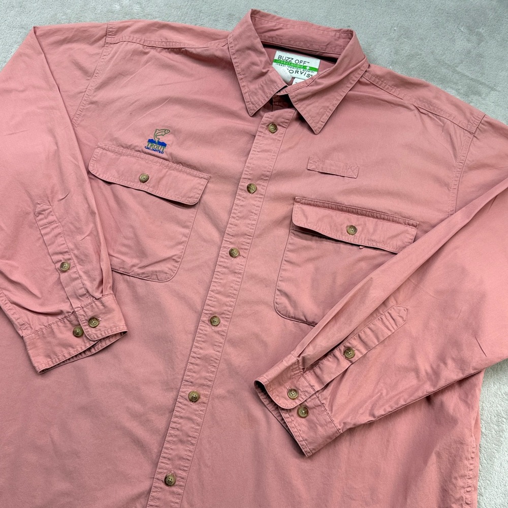 Orvis Fishing Shirt Mens XL Pink Long Sleeve Trout Unlimited Buzz Off Vented